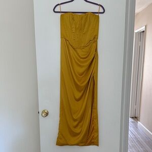 Bardot Strapless Satin Gown in Mustard Gold